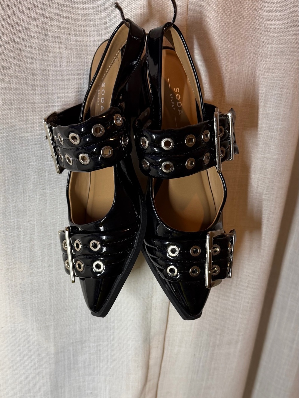 Soda Black Patent Pointed Mary Jane Flats with Silver Eyelet Buckles
